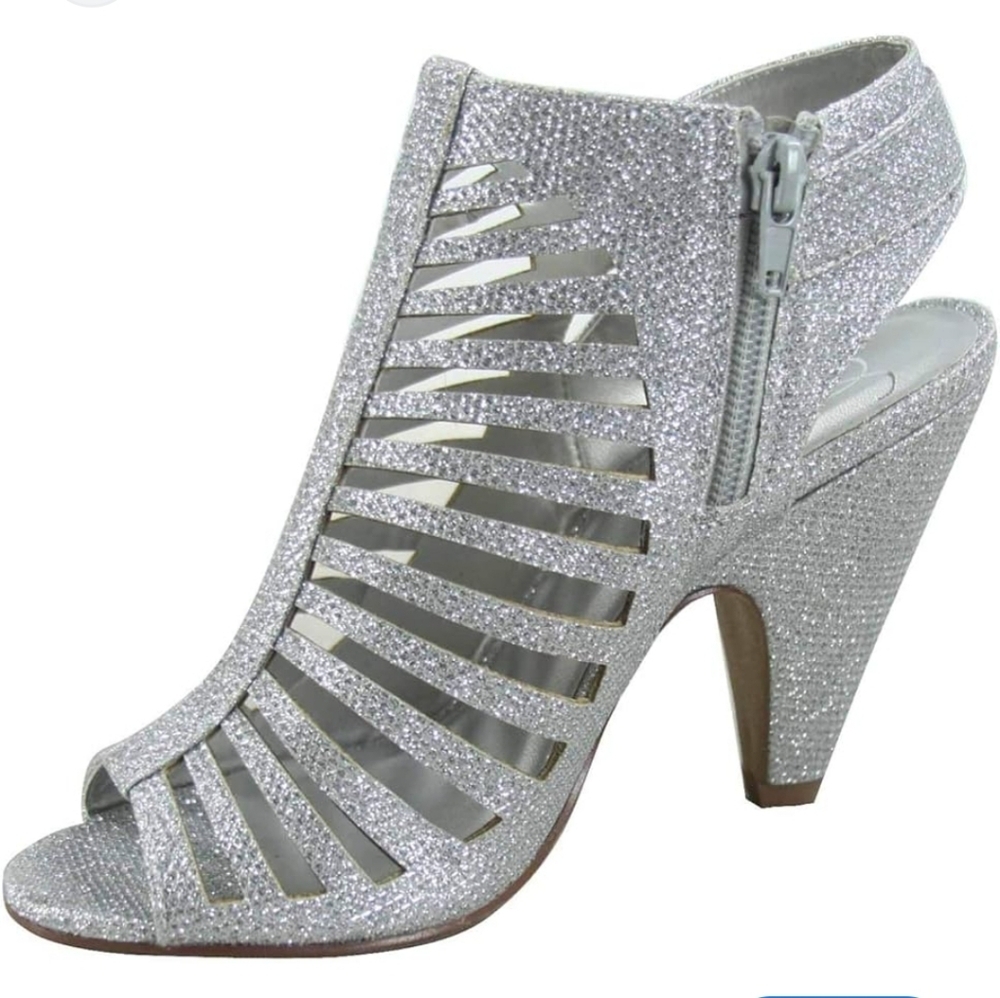 Hot Tomato Silver Strappy Heels Wedge Bling Sparkle Diamond Rhinestone NYE Bride